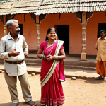 ** A rural tourism planner interacting with local villagers in India. Depict a scene showing sensitivity and respect for local culture. Include traditional Indian clothing and architecture in the background.

**