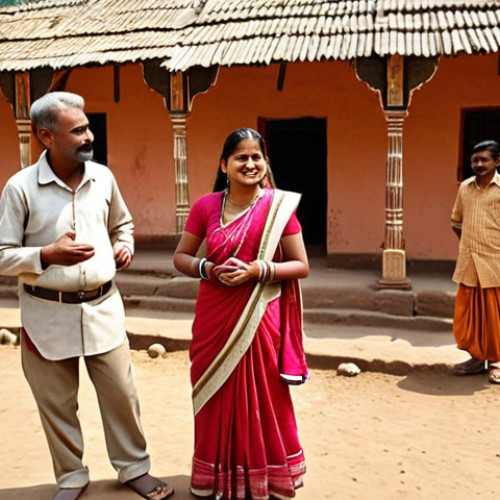 Home 15 ** A rural tourism planner interacting with local villagers in India. Depict a scene showing sensitivity and respect for local culture. Include traditional Indian clothing and architecture in the background.
**