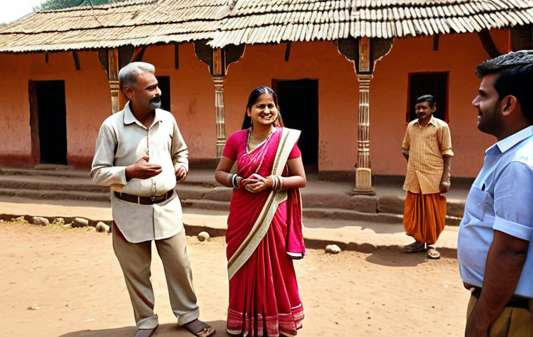 ** A rural tourism planner interacting with local villagers in India. Depict a scene showing sensitivity and respect for local culture. Include traditional Indian clothing and architecture in the background.
**
