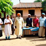 A diverse group of cheerful rural villagers, including men and women of various ages, dressed in modest traditional Indian attire, are gathered in a vibrant, sunlit village square. They are actively engaged in a collaborative discussion with a few professional tourism consultants, who are dressed in appropriate, modest business casual wear. Some villagers are proudly showcasing their intricately handcrafted local crafts, while others listen attentively. In the background, traditional mud houses with unique architectural details are visible, along with lush green fields. A family of tourists, fully clothed in comfortable, family-friendly attire, respectfully observes the scene. The atmosphere is warm and authentic, emphasizing community empowerment and cultural exchange. Professional photography, high detail, realistic rendering, natural lighting, perfect anatomy, correct proportions, well-formed hands, proper finger count, natural body proportions, safe for work, appropriate content, fully clothed, family-friendly, modest clothing, appropriate attire.