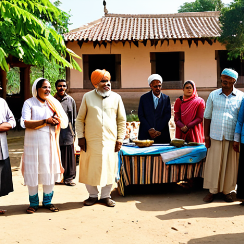 Home 14 A diverse group of cheerful rural villagers, including men and women of various ages, dressed in modest traditional Indian attire, are gathered in a vibrant, sunlit village square. They are actively engaged in a collaborative discussion with a few professional tourism consultants, who are dressed in appropriate, modest business casual wear. Some villagers are proudly showcasing their intricately handcrafted local crafts, while others listen attentively. In the background, traditional mud houses with unique architectural details are visible, along with lush green fields. A family of tourists, fully clothed in comfortable, family-friendly attire, respectfully observes the scene. The atmosphere is warm and authentic, emphasizing community empowerment and cultural exchange. Professional photography, high detail, realistic rendering, natural lighting, perfect anatomy, correct proportions, well-formed hands, proper finger count, natural body proportions, safe for work, appropriate content, fully clothed, family-friendly, modest clothing, appropriate attire.