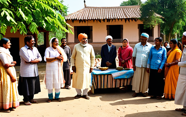 A diverse group of cheerful rural villagers, including men and women of various ages, dressed in modest traditional Indian attire, are gathered in a vibrant, sunlit village square. They are actively engaged in a collaborative discussion with a few professional tourism consultants, who are dressed in appropriate, modest business casual wear. Some villagers are proudly showcasing their intricately handcrafted local crafts, while others listen attentively. In the background, traditional mud houses with unique architectural details are visible, along with lush green fields. A family of tourists, fully clothed in comfortable, family-friendly attire, respectfully observes the scene. The atmosphere is warm and authentic, emphasizing community empowerment and cultural exchange. Professional photography, high detail, realistic rendering, natural lighting, perfect anatomy, correct proportions, well-formed hands, proper finger count, natural body proportions, safe for work, appropriate content, fully clothed, family-friendly, modest clothing, appropriate attire.