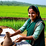 A professional female rural tourism planner, fully clothed in a modest, culturally appropriate Indian attire like a simple saree or salwar kameez in earthy tones, is gracefully engaged in conversation. She stands in a vibrant Indian village setting where local women, also fully clothed in appropriate attire, are skillfully crafting traditional pottery and weaving colorful textiles in a well-lit community workshop. Lush green fields and a clear blue sky are visible in the distance. She is smiling warmly, gesturing towards the crafts, indicating appreciation and collaboration. The villagers are also smiling, showing engagement. Perfect anatomy, correct proportions, natural pose, well-formed hands, proper finger count, natural body proportions, professional photography, high quality, safe for work, appropriate content, fully clothed, modest, family-friendly.
