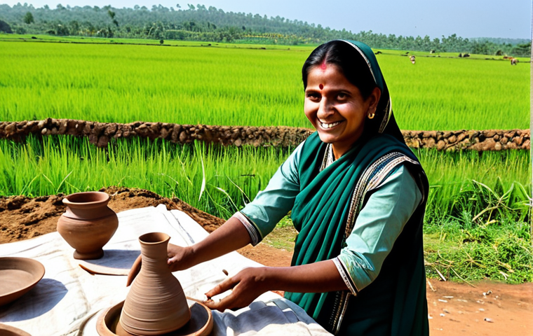 A professional female rural tourism planner, fully clothed in a modest, culturally appropriate Indian attire like a simple saree or salwar kameez in earthy tones, is gracefully engaged in conversation. She stands in a vibrant Indian village setting where local women, also fully clothed in appropriate attire, are skillfully crafting traditional pottery and weaving colorful textiles in a well-lit community workshop. Lush green fields and a clear blue sky are visible in the distance. She is smiling warmly, gesturing towards the crafts, indicating appreciation and collaboration. The villagers are also smiling, showing engagement. Perfect anatomy, correct proportions, natural pose, well-formed hands, proper finger count, natural body proportions, professional photography, high quality, safe for work, appropriate content, fully clothed, modest, family-friendly.