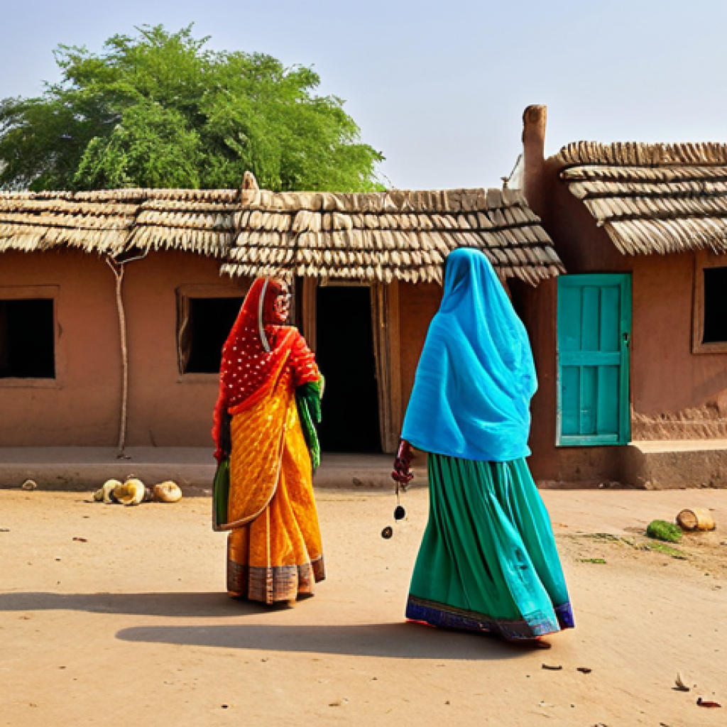 **

"A vibrant rural village scene in Rajasthan, India. Women in colorful, modest traditional clothing are engaged in daily activities. Men are in traditional attire. The background shows the natural beauty of the region with traditional homes. Fully clothed, appropriate attire, safe for work, perfect anatomy, correct proportions, natural pose, professional photography, high quality, family-friendly."

**