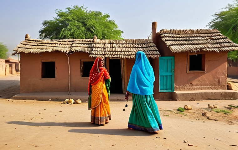 **

"A vibrant rural village scene in Rajasthan, India. Women in colorful, modest traditional clothing are engaged in daily activities. Men are in traditional attire. The background shows the natural beauty of the region with traditional homes. Fully clothed, appropriate attire, safe for work, perfect anatomy, correct proportions, natural pose, professional photography, high quality, family-friendly."

**