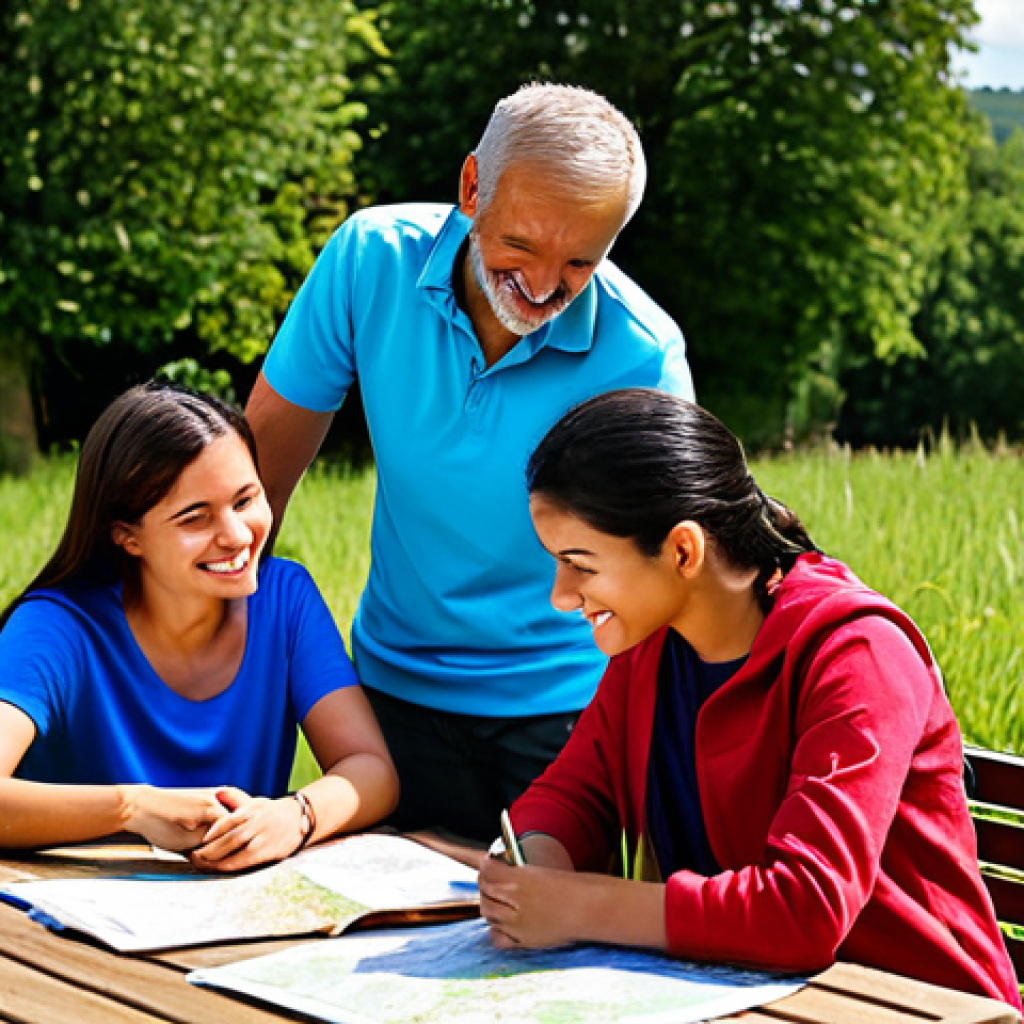 Planning Phase**

"A diverse team of friends, fully clothed in casual, modest clothing, gathered around a table outdoors in a sunny rural setting, planning their village trip. They are looking at maps and discussing itineraries.  Include elements of travel preparation.  Safe for work, appropriate content, fully clothed, family-friendly, professional, perfect anatomy, natural proportions, well-formed hands."

**