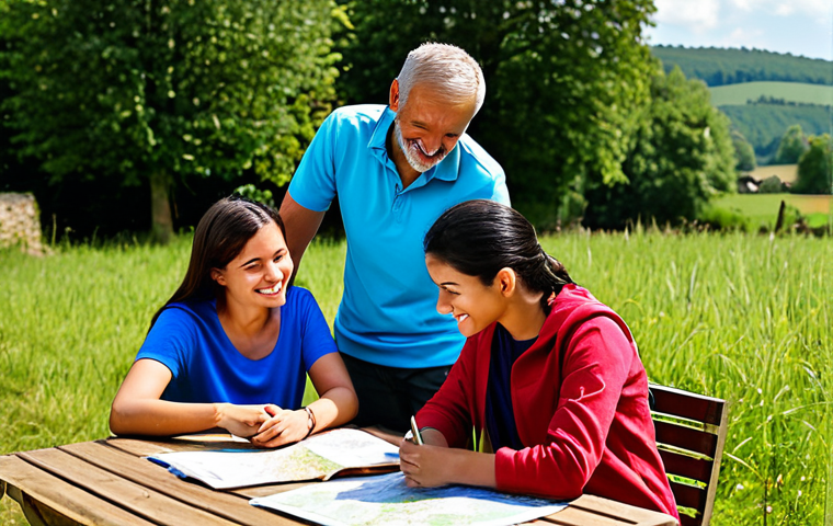 Planning Phase**

"A diverse team of friends, fully clothed in casual, modest clothing, gathered around a table outdoors in a sunny rural setting, planning their village trip. They are looking at maps and discussing itineraries.  Include elements of travel preparation.  Safe for work, appropriate content, fully clothed, family-friendly, professional, perfect anatomy, natural proportions, well-formed hands."

**