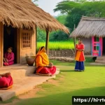 농촌관광기획사 직무별 필요한 능력 - A vibrant rural tourism scene in an Indian village, showcasing a diverse group of local artisans and...