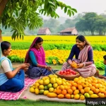 농촌관광기획사 자격 취득 후 활동 - A vibrant rural farm scene featuring a diverse group of Hindi-speaking tourists engaging in hands-on...
