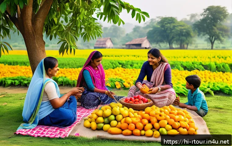 농촌관광기획사 자격 취득 후 활동 - A vibrant rural farm scene featuring a diverse group of Hindi-speaking tourists engaging in hands-on...