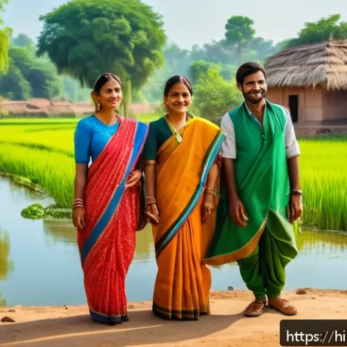 농촌관광기획사 업무 책임 - A vibrant rural tourism scene in an Indian village setting, showcasing a diverse group of tourists, ...