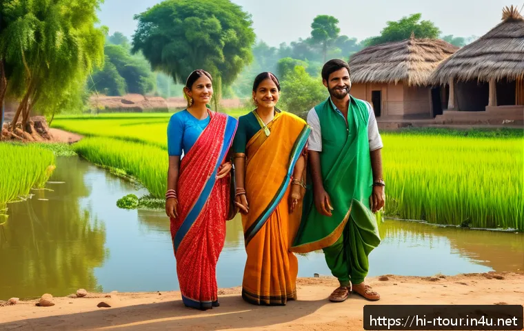 농촌관광기획사 업무 책임 - A vibrant rural tourism scene in an Indian village setting, showcasing a diverse group of tourists, ...