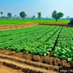 농촌관광기획사 직무별 경로 - A vibrant rural farm scene in India showcasing sustainable agricultural tourism: lush green fields w...