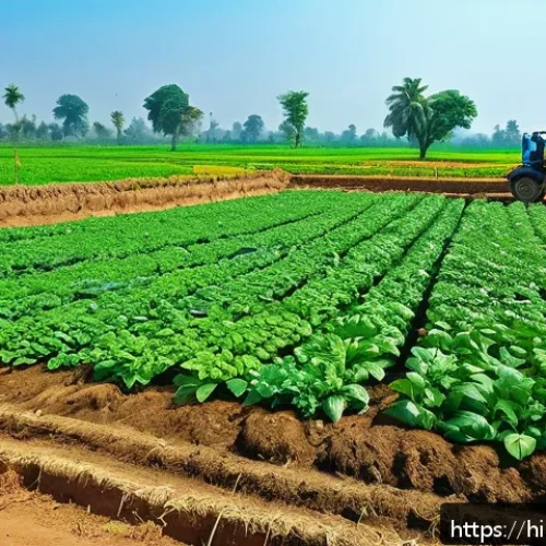 농촌관광기획사 직무별 경로 - A vibrant rural farm scene in India showcasing sustainable agricultural tourism: lush green fields w...
