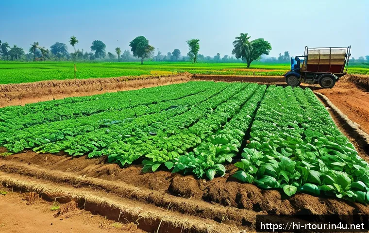 농촌관광기획사 직무별 경로 - A vibrant rural farm scene in India showcasing sustainable agricultural tourism: lush green fields w...