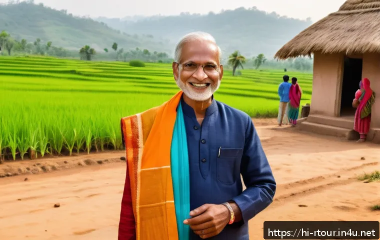 농촌관광기획사 취업 준비 - A vibrant rural tourism scene in an Indian village, featuring a local guide wearing traditional atti...