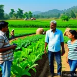 농촌관광기획사 취업과 진로 - A vibrant rural farm scene showcasing a group of diverse tourists attentively guided by a knowledgea...